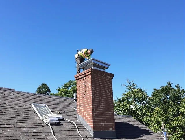 Winchester Chimney Sweep technician measuring a chimney cap in Winchester, CT